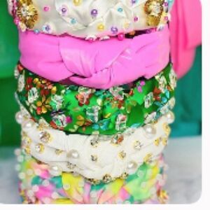 38. Pink multicolor beaded flower headband with rhinestones.